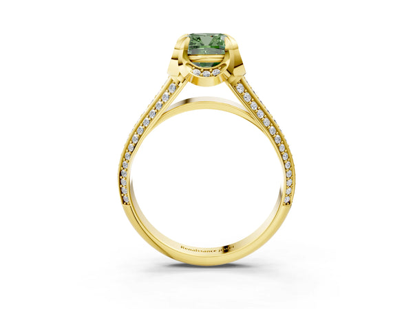 Yellow gold Fancy Green Cushion  Solitaire Pave Split Shank Ring with Four-Prong Setting