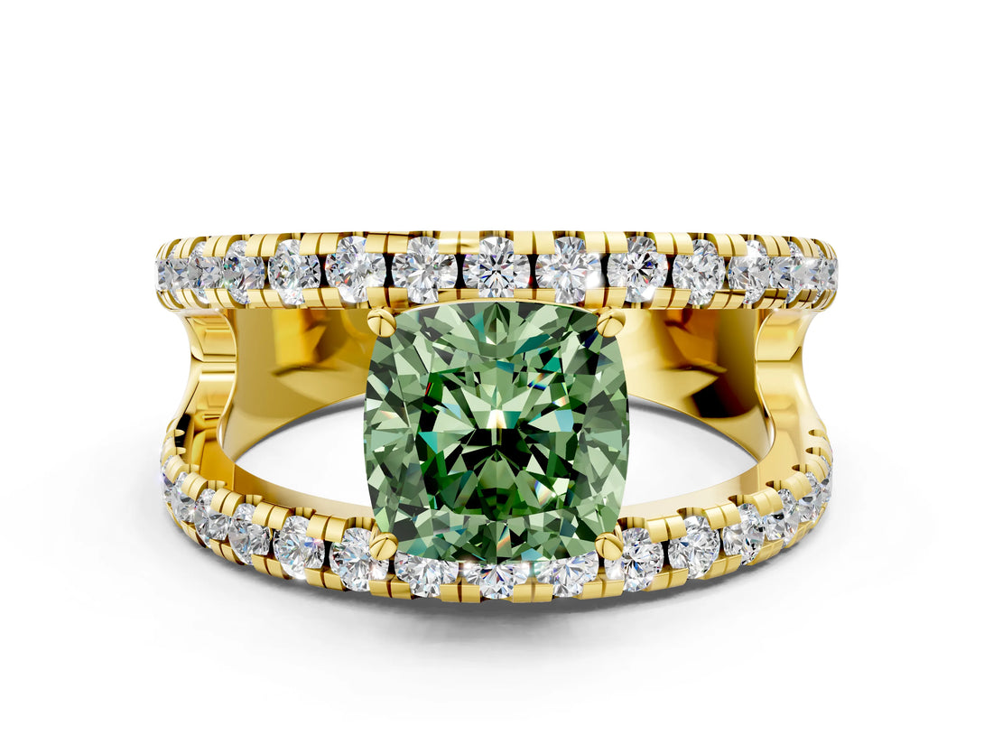 Yellow gold Fancy Green Cushion  Solitaire Split Shank Pave Diamond Ring_48