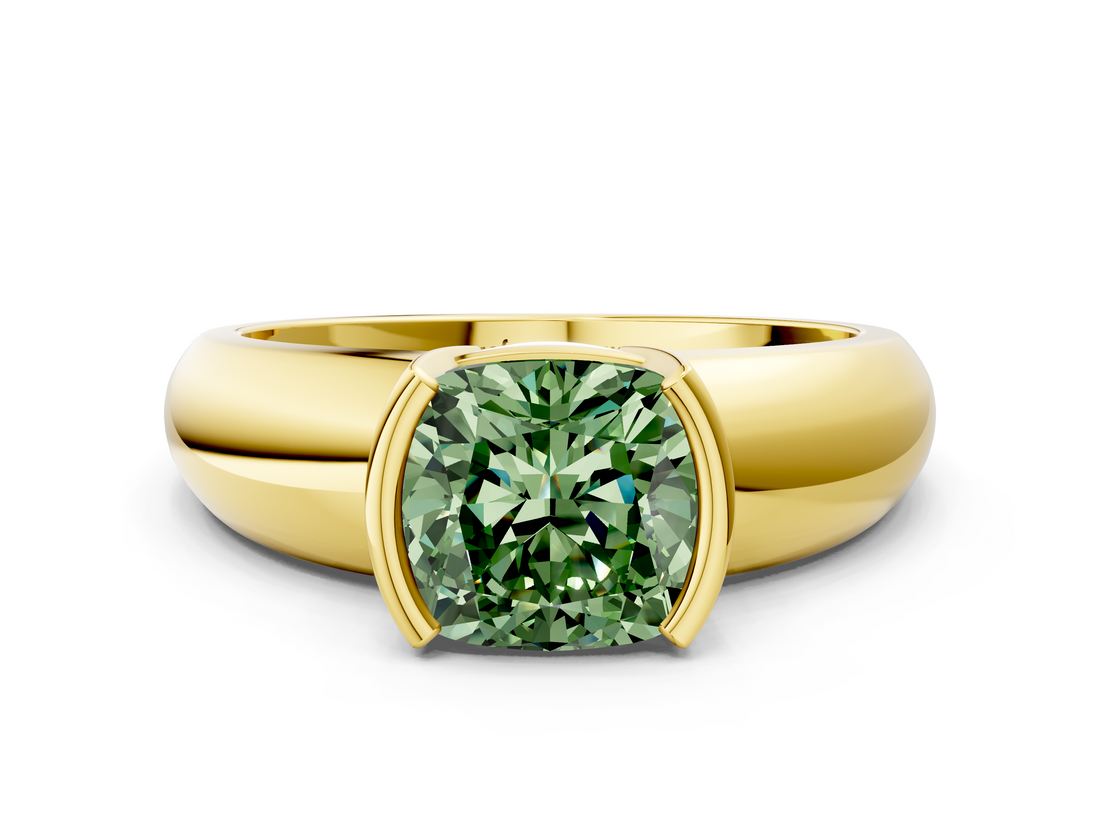 Yellow gold Fancy Green Cushion  Solitaire Tension Set Diamond Ring with Wide Band_20