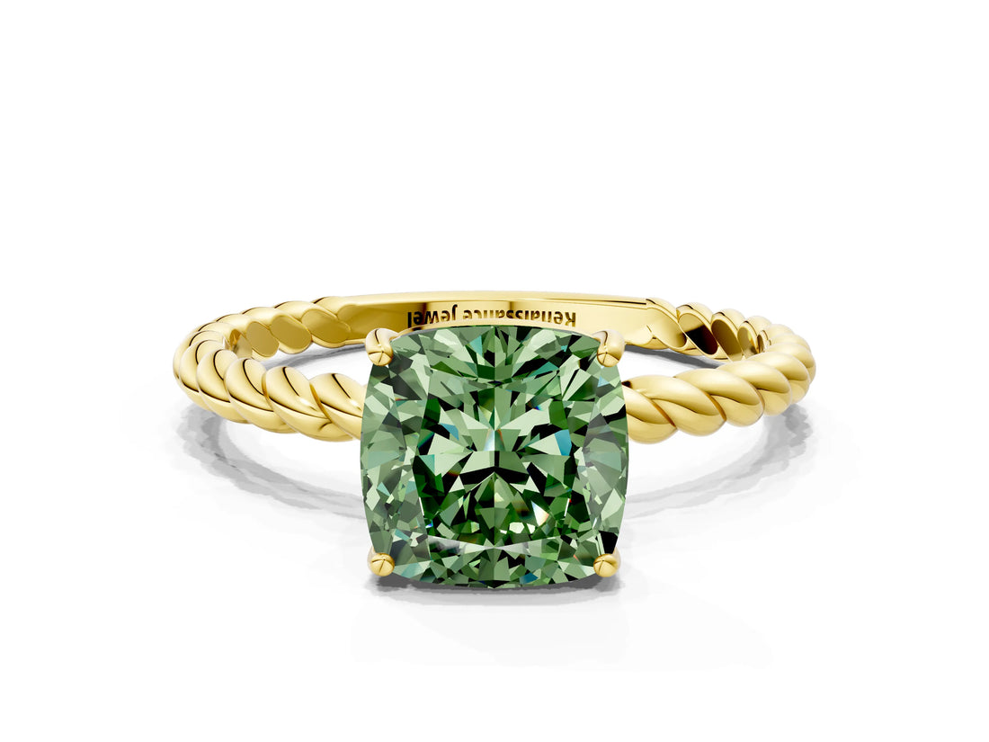 Yellow gold Fancy Green Cushion  Solitaire Twist Band Ring with Four-Prong Setting_80