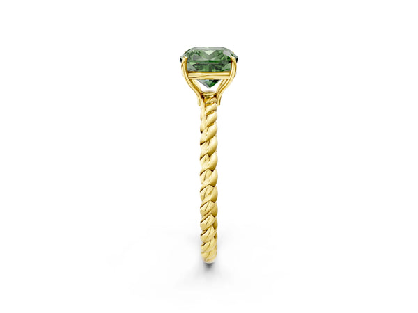 Yellow gold Fancy Green Cushion  Solitaire Twist Band Ring with Four-Prong Setting