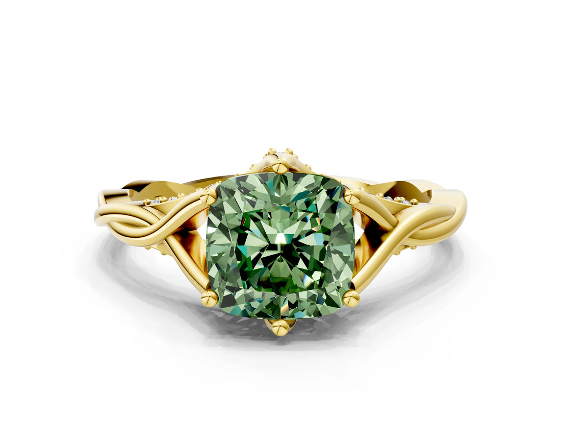 Yellow gold Fancy Green Cushion  Solitaire Twist Band Six-Prong Setting 2
