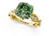 Yellow gold Fancy Green Cushion  Solitaire Twist Band with Leaf Prong Setting 1
