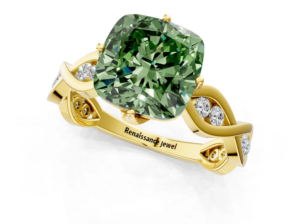 Yellow Gold Cushion Cut Accented Twist Engagement Ring Setting for Fancy Green Center