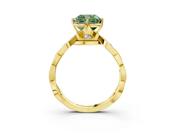Yellow Gold Cushion Cut Accented Twist Engagement Ring Setting for Fancy Green Center