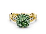 Yellow gold Fancy Green Cushion  Solitaire Twist Band with Leaf Prong Setting