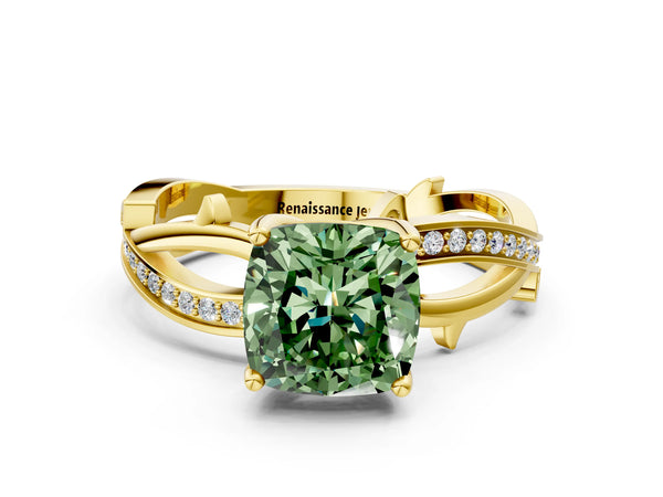Yellow gold Fancy Green Cushion  Solitaire Twist Band with Pavé Accents and Four-Prong Setting
