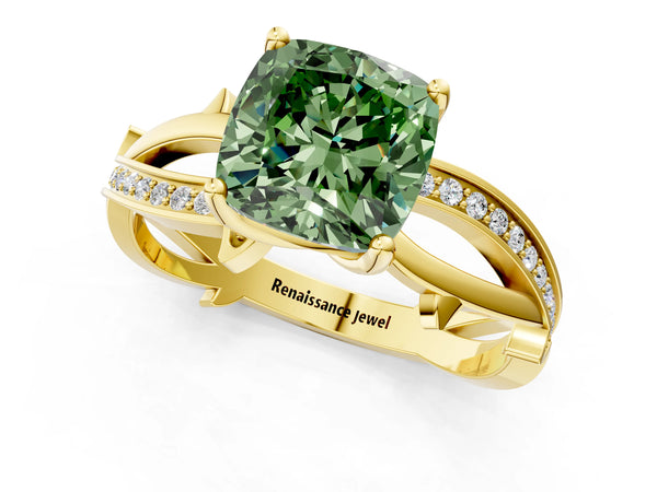 Yellow gold Fancy Green Cushion  Solitaire Twist Band with Pavé Accents and Four-Prong Setting