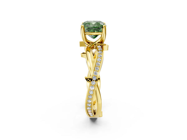 Yellow gold Fancy Green Cushion  Solitaire Twist Band with Pavé Accents and Four-Prong Setting