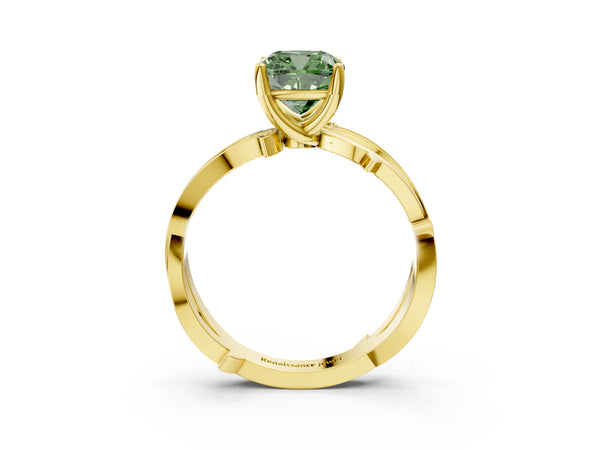 Yellow gold Fancy Green Cushion  Solitaire Twist Band with Pavé Accents and Four-Prong Setting
