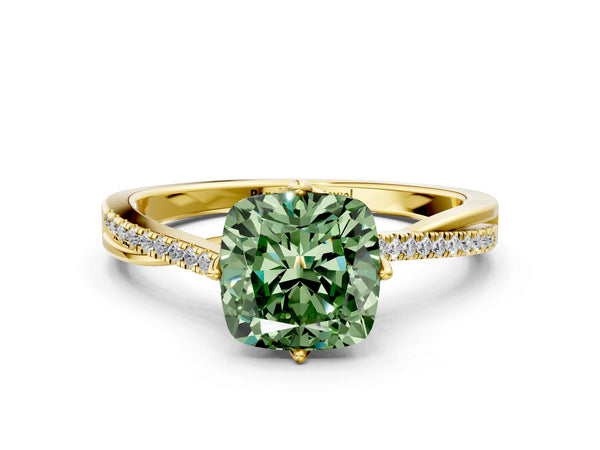 Yellow gold Fancy Green Cushion  Solitaire Twist Band with Pavé Diamonds and Four-Prong Setting
