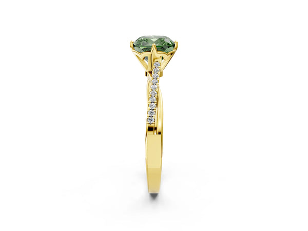 Yellow gold Fancy Green Cushion  Solitaire Twist Band with Pavé Diamonds and Four-Prong Setting