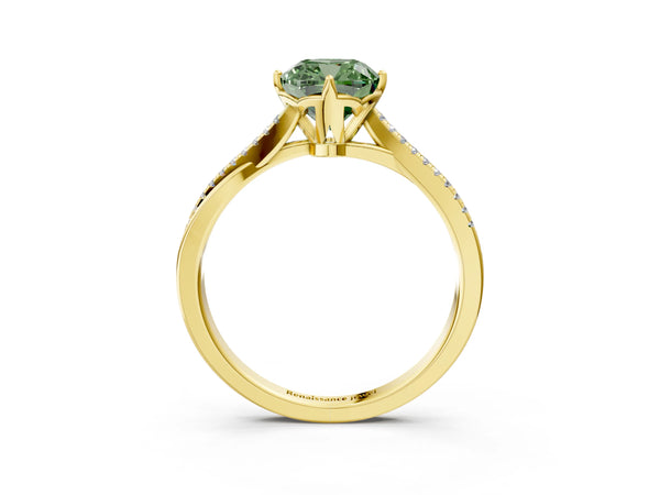 Yellow gold Fancy Green Cushion  Solitaire Twist Band with Pavé Diamonds and Four-Prong Setting