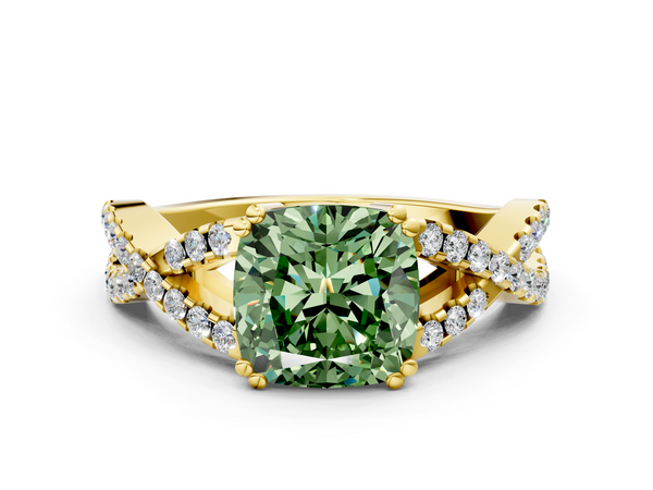 Yellow gold Fancy Green Cushion Cut Diamond Solitaire Ring with Four-Prong Setting and Twisted Pavé Band
