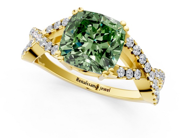 Yellow gold Fancy Green Cushion Cut Diamond Solitaire Ring with Four-Prong Setting and Twisted Pavé Band
