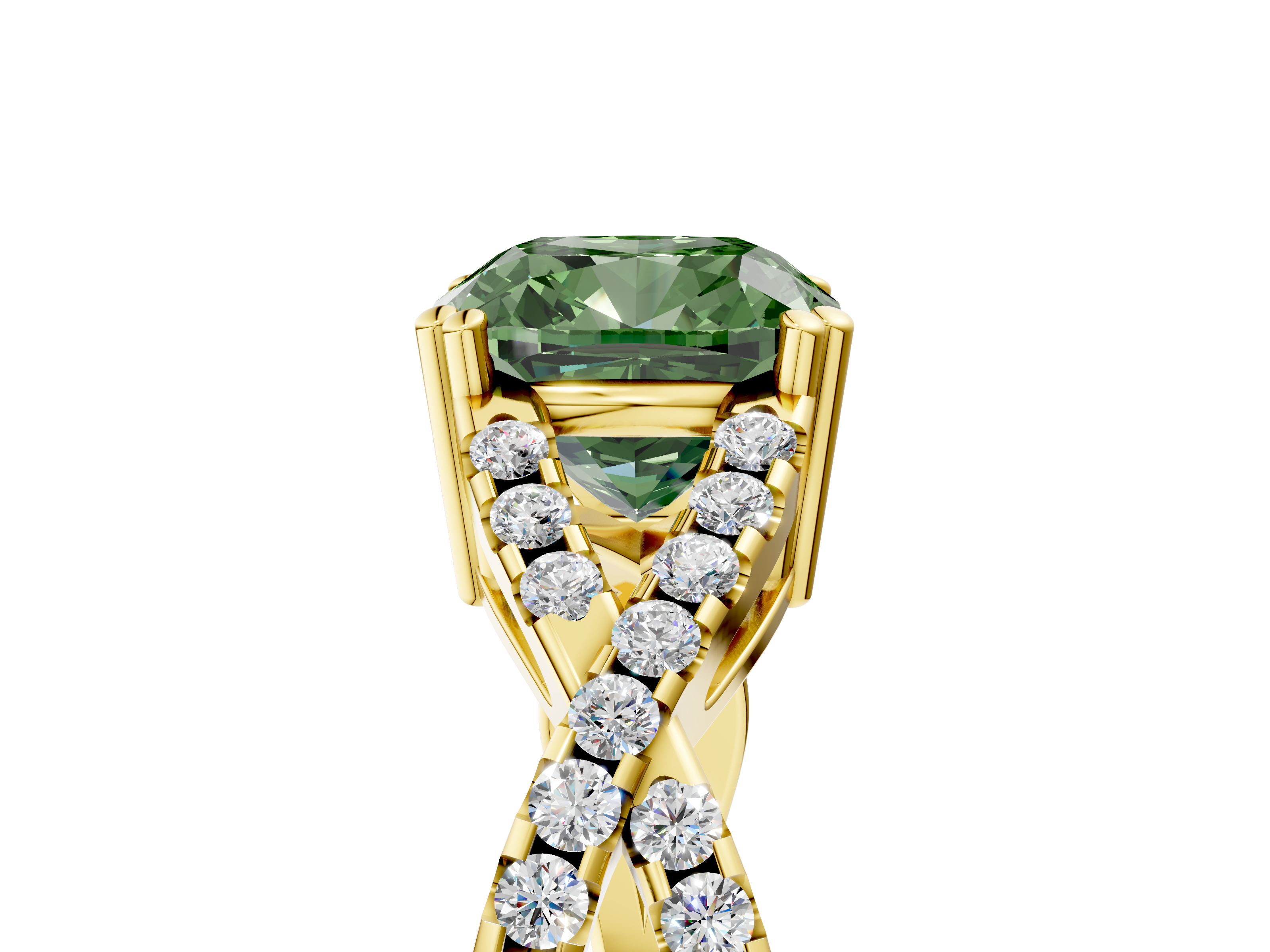 Yellow gold Fancy Green Cushion  Solitaire Twist Band with Pavé Setting and Four-Prong Setting_22