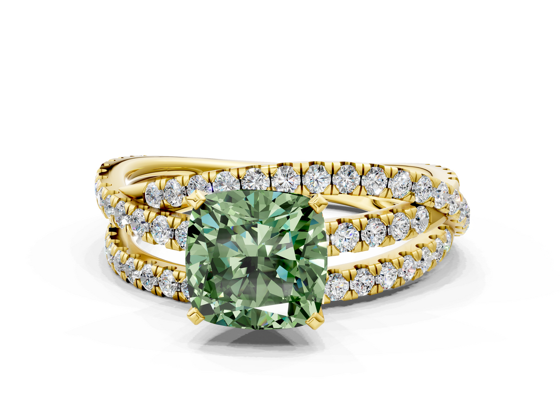 Yellow gold Fancy Green Cushion  Solitaire Twist Band with Pavé Setting and Four-Prong Setting_80