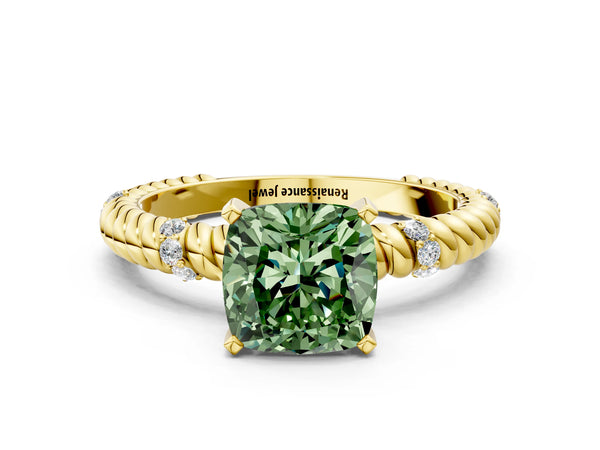Yellow gold Fancy Green Cushion  Solitaire Twisted Band Prong Set Engagement Ring