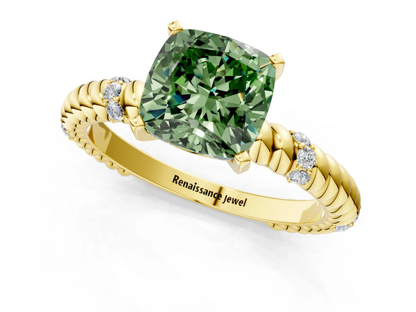 Yellow gold Fancy Green Cushion  Solitaire Twisted Band Prong Set Engagement Ring