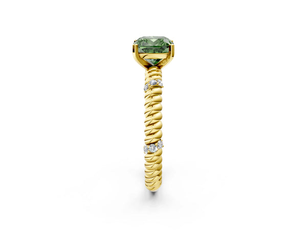 Yellow gold Fancy Green Cushion  Solitaire Twisted Band Prong Set Engagement Ring