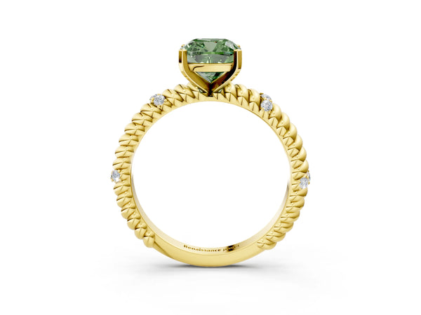 Yellow gold Fancy Green Cushion  Solitaire Twisted Band Prong Set Engagement Ring