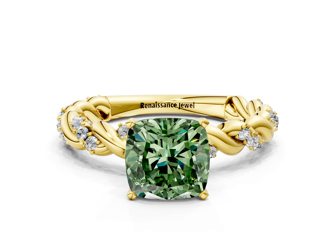 Yellow gold Fancy Green Cushion  Solitaire Twisted Band with Pavé Accents and Four-Prong Setting_3