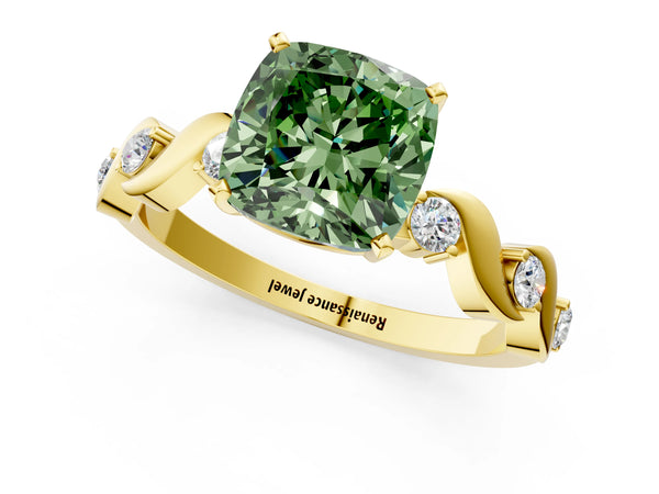 Yellow Gold Cushion Cut Ribbon Twist Engagement Ring Setting for Fancy Green Center