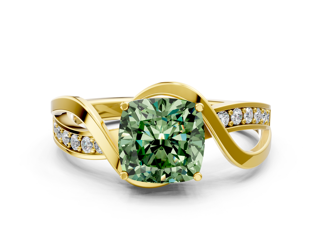 Yellow gold Fancy Green Cushion  Solitaire Twisted Band with Prong Setting_3