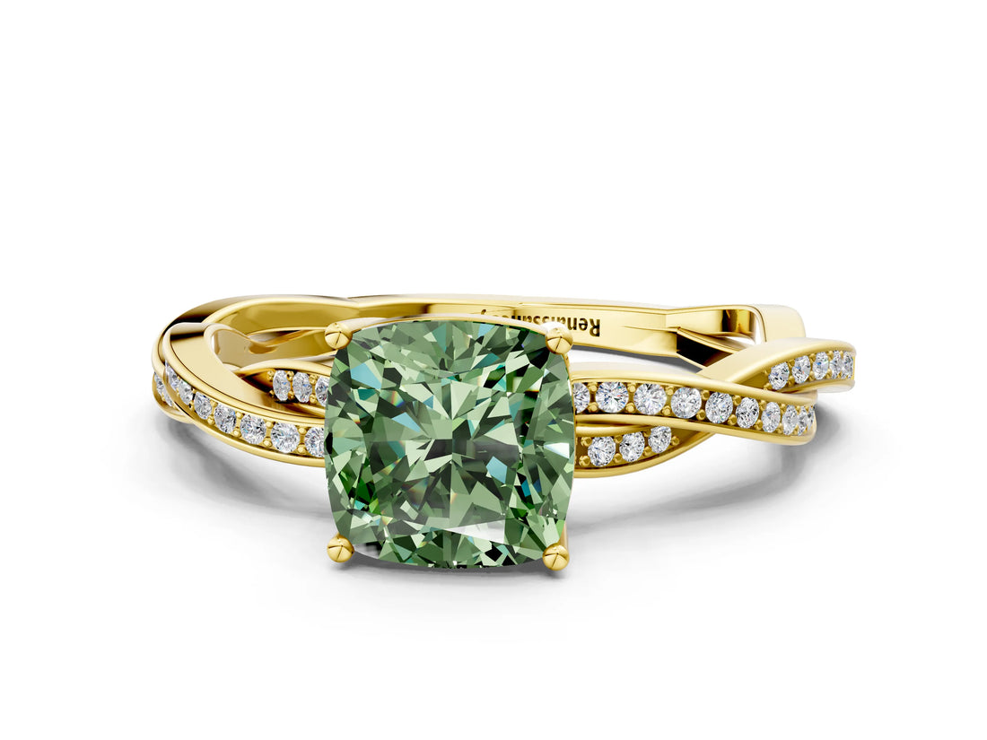 Yellow gold Fancy Green Cushion  Solitaire Twisted Pave Diamond Ring with Four-Prong Setting_74