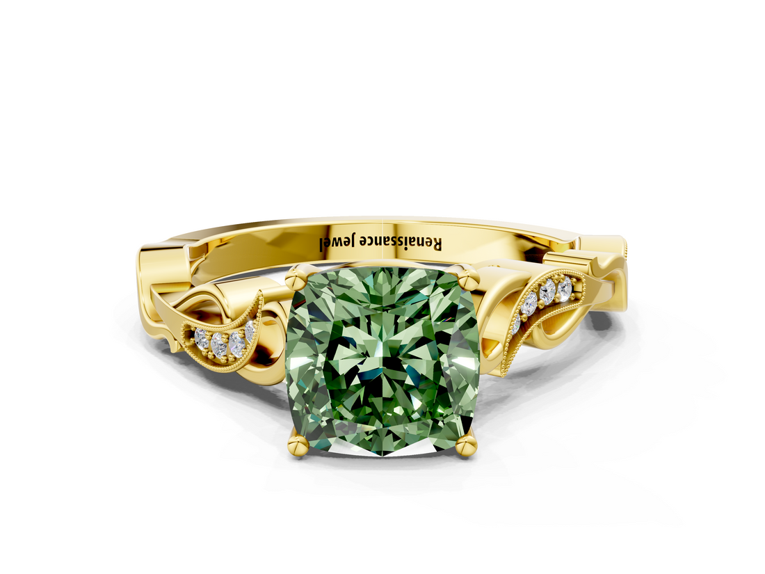 Yellow gold Fancy Green Cushion  Solitaire Vine Band with Milgrain Prong Setting_3
