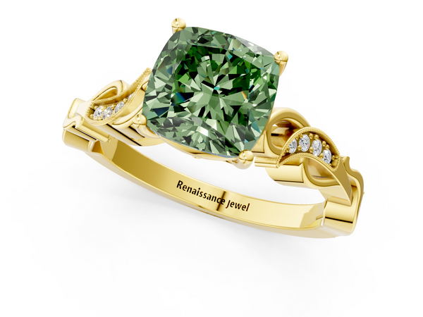 Yellow gold Fancy Green Cushion  Solitaire Vine Band with Milgrain Prong Setting