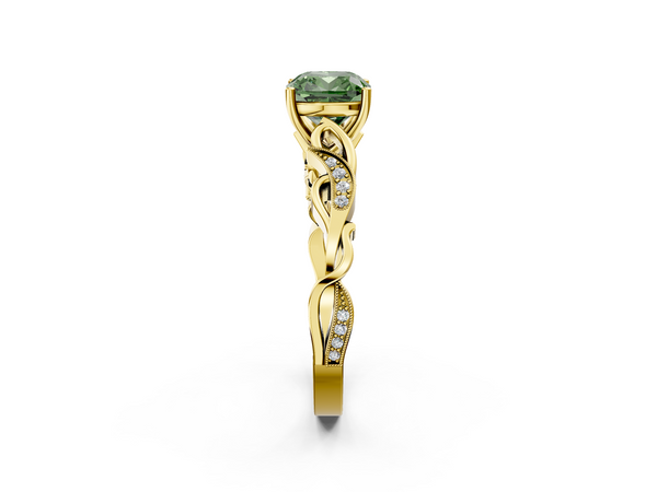 Yellow gold Fancy Green Cushion  Solitaire Vine Band with Milgrain Prong Setting