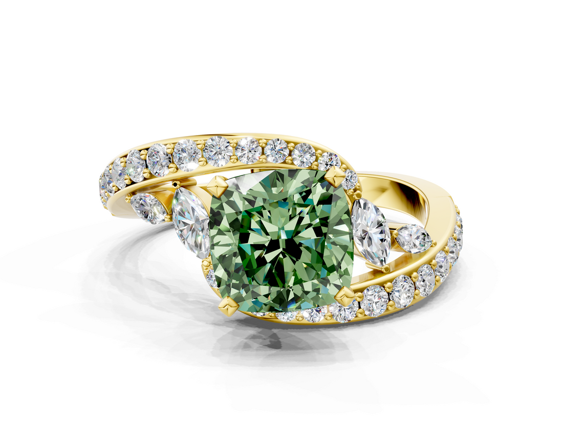 Yellow gold Fancy Green Cushion  Solitaire with Pavé Twist Band and Four-Prong Setting_71
