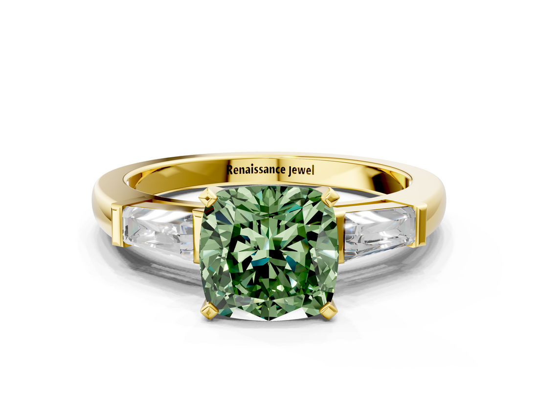 Yellow gold Fancy Green Cushion  Solitaire with Tapered Baguette Side Stones on a Classic Band with Four-Prong Setting_64