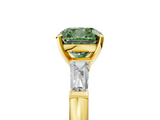 Yellow gold Fancy Green Cushion  Solitaire with Tapered Baguette Side Stones on a Classic Band with Four-Prong Setting_69
