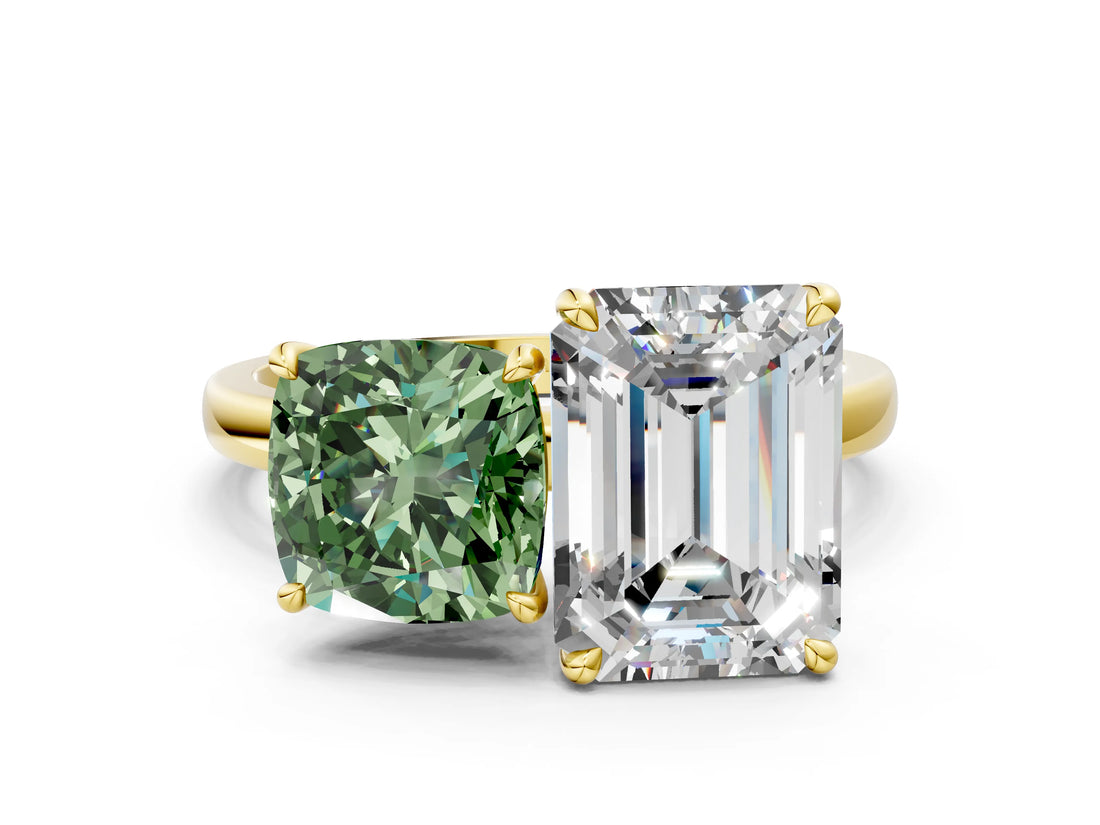 Yellow gold Fancy Green Cushion  and Emerald Cut Toi Moi Ring with Prong Setting_45