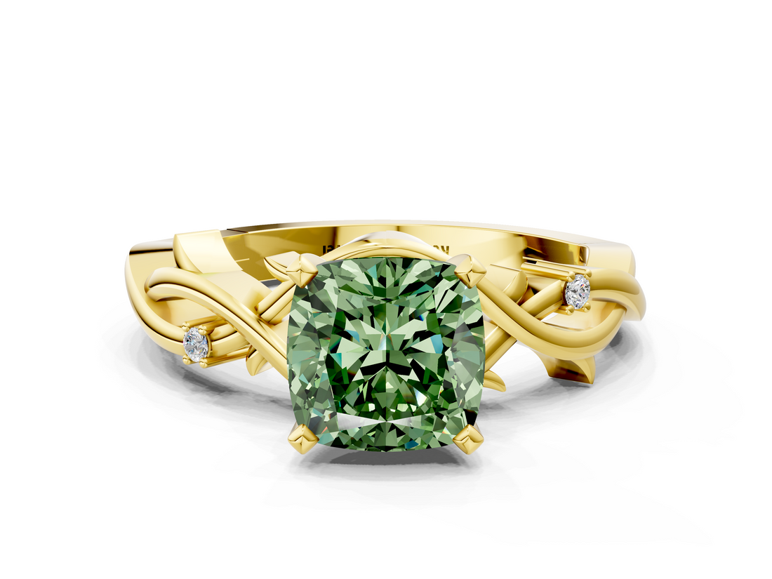 Yellow gold Fancy Green Cushion cut Solitaire Twisted Band Prong Setting Ring_179