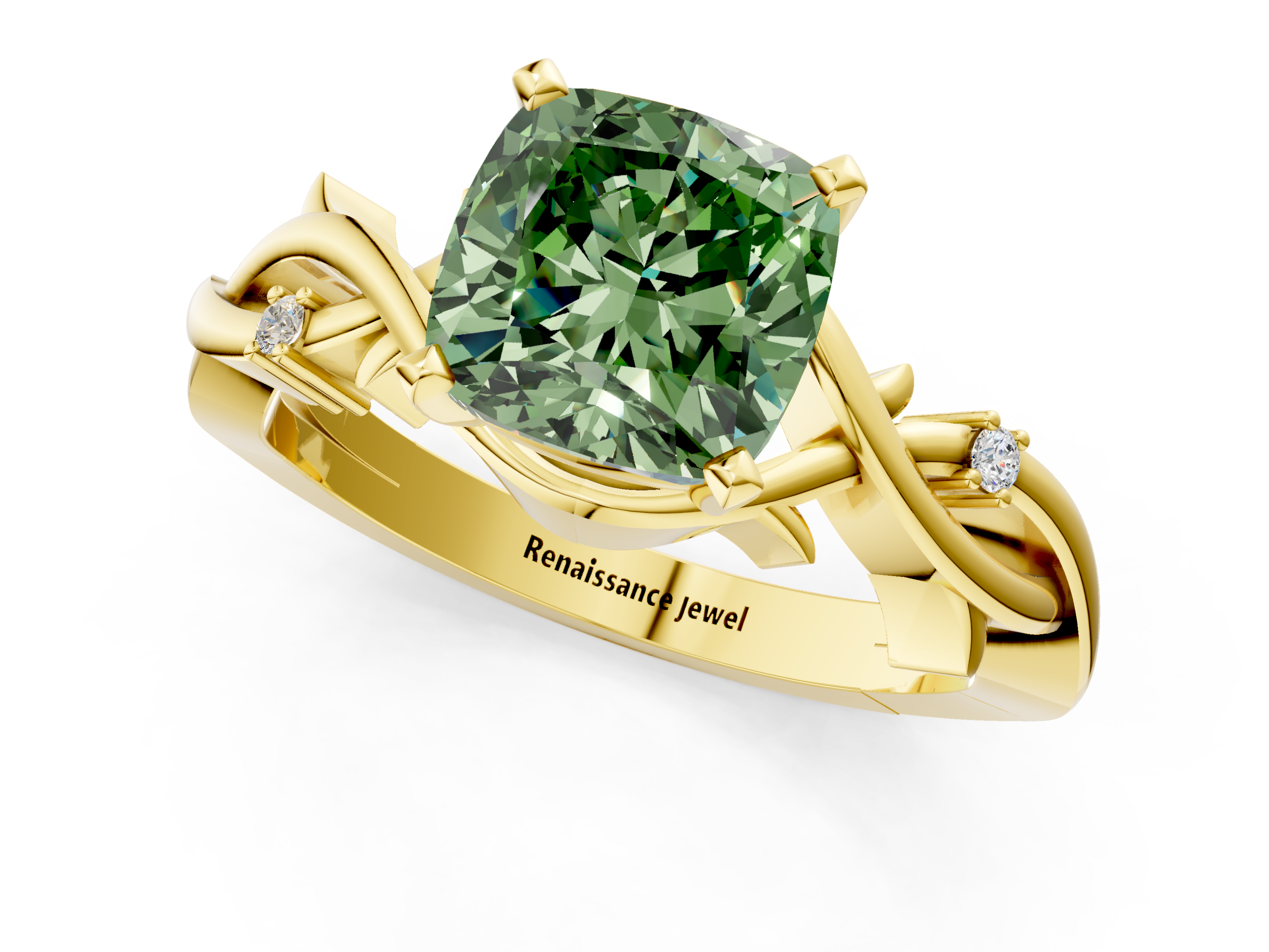 Yellow gold Fancy Green Cushion cut Solitaire Twisted Band Prong Setting Ring_180