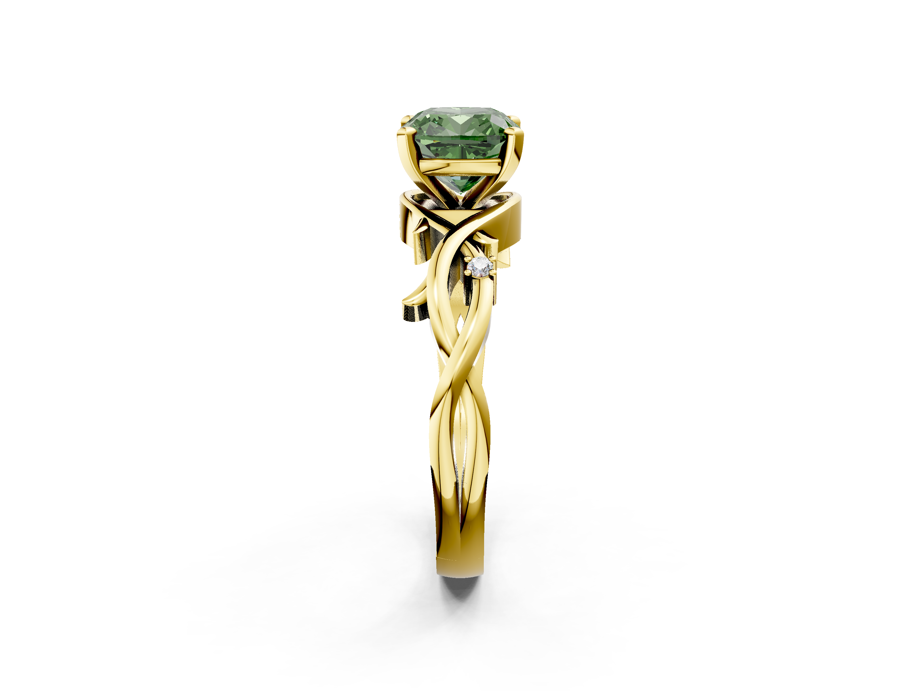 Yellow gold Fancy Green Cushion cut Solitaire Twisted Band Prong Setting Ring_181