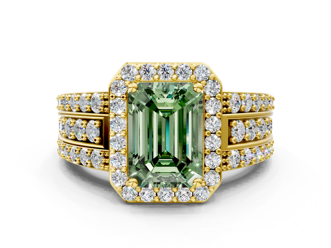 Yellow gold Fancy Green Emerald -Cut Halo Diamond Ring with Split Shank and Four-Prong Setting_71