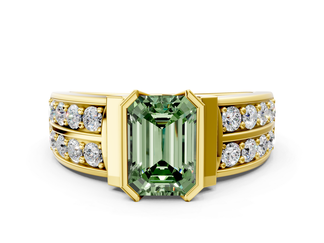 Yellow gold Fancy Green Emerald  Brilliant Diamond Channel Set Wide Band Ring with Bezel Setting_19