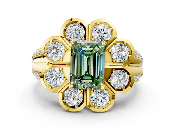 Yellow gold Fancy Green Emerald  Brilliant Flower Halo Diamond Split Shank Ring