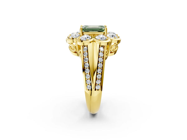 Yellow gold Fancy Green Emerald  Brilliant Flower Halo Diamond Split Shank Ring