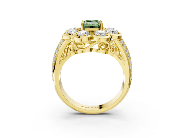 Yellow gold Fancy Green Emerald  Brilliant Flower Halo Diamond Split Shank Ring
