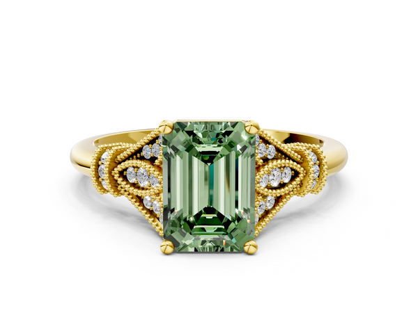Yellow Gold Emerald Cut Filigree Engagement Ring Setting for Fancy Green Center