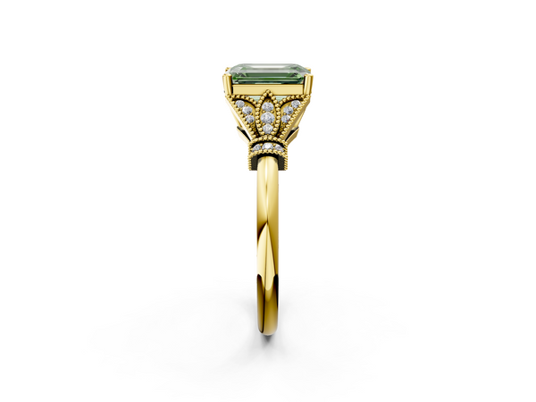 Yellow Gold Emerald Cut Filigree Engagement Ring Setting for Fancy Green Center