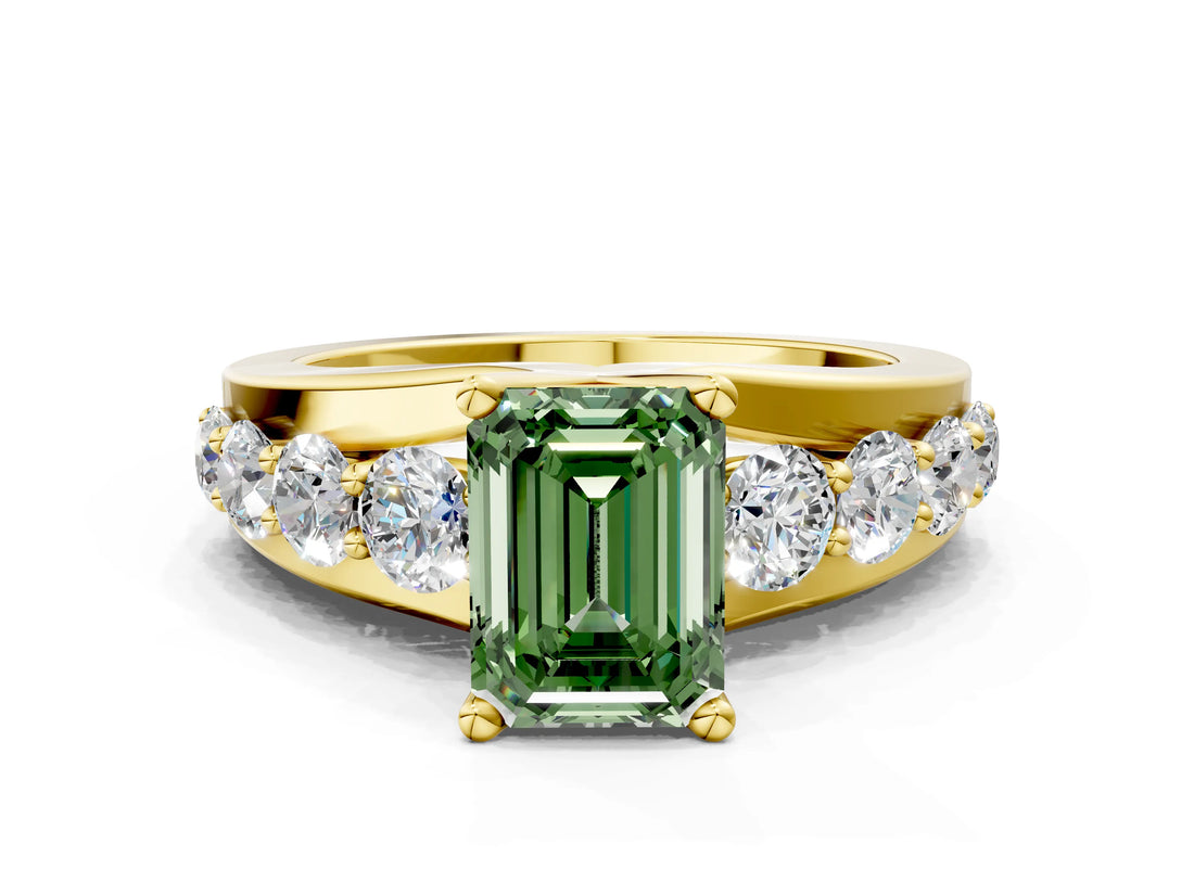 Yellow gold Fancy Green Emerald  Brilliant Solitaire with Side Stones on a Pave Band and Four-Prong Setting_37