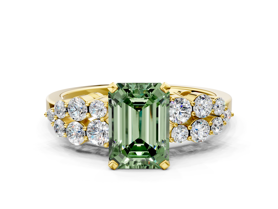 Yellow gold Fancy Green Emerald  Cluster Diamond Engagement Ring with Pavé Band and Four-Prong Setting_48