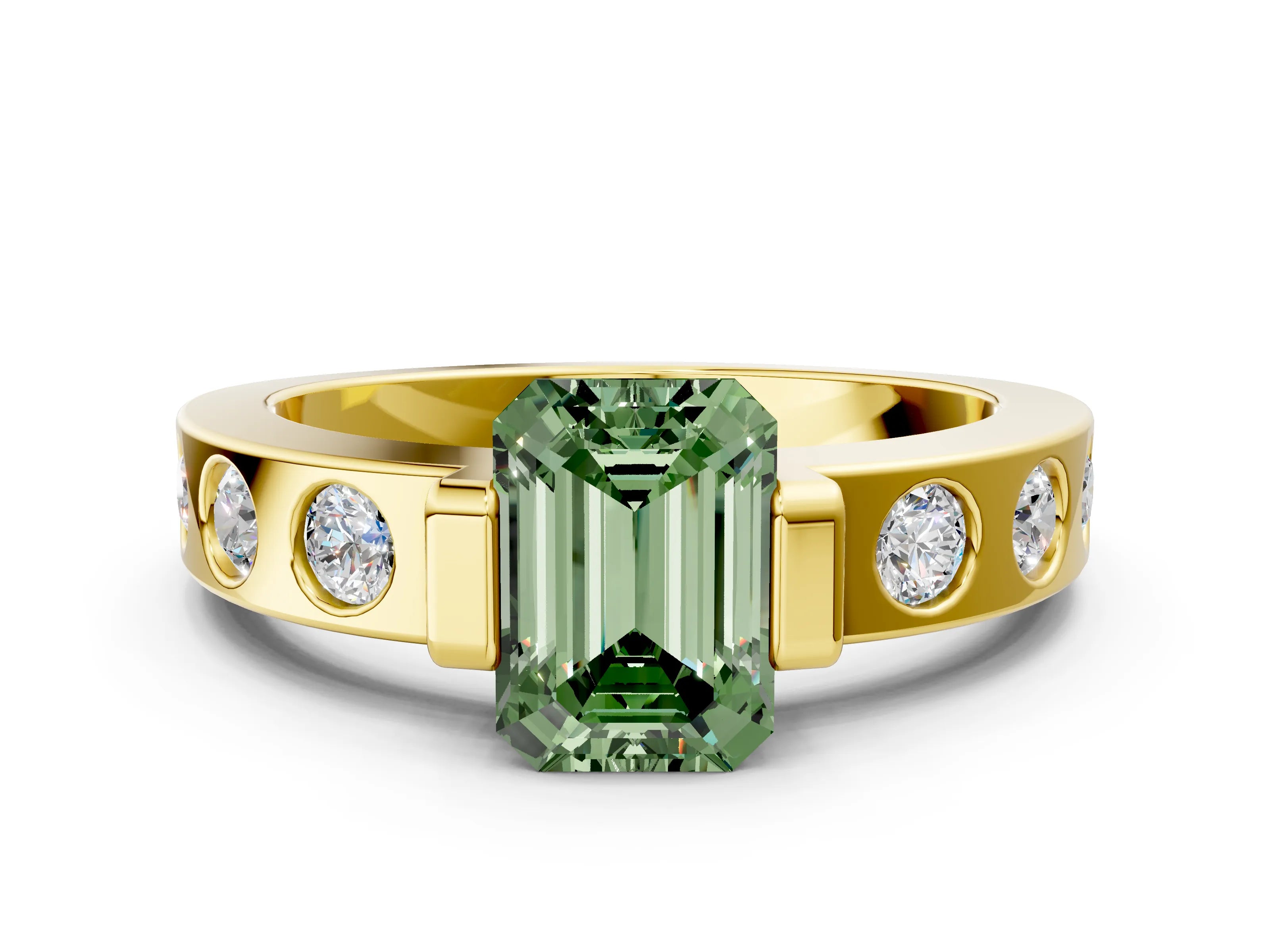 Yellow gold Fancy Green Emerald Cut Brilliant Channel-Set Diamond Ring with Bezel Prong Setting