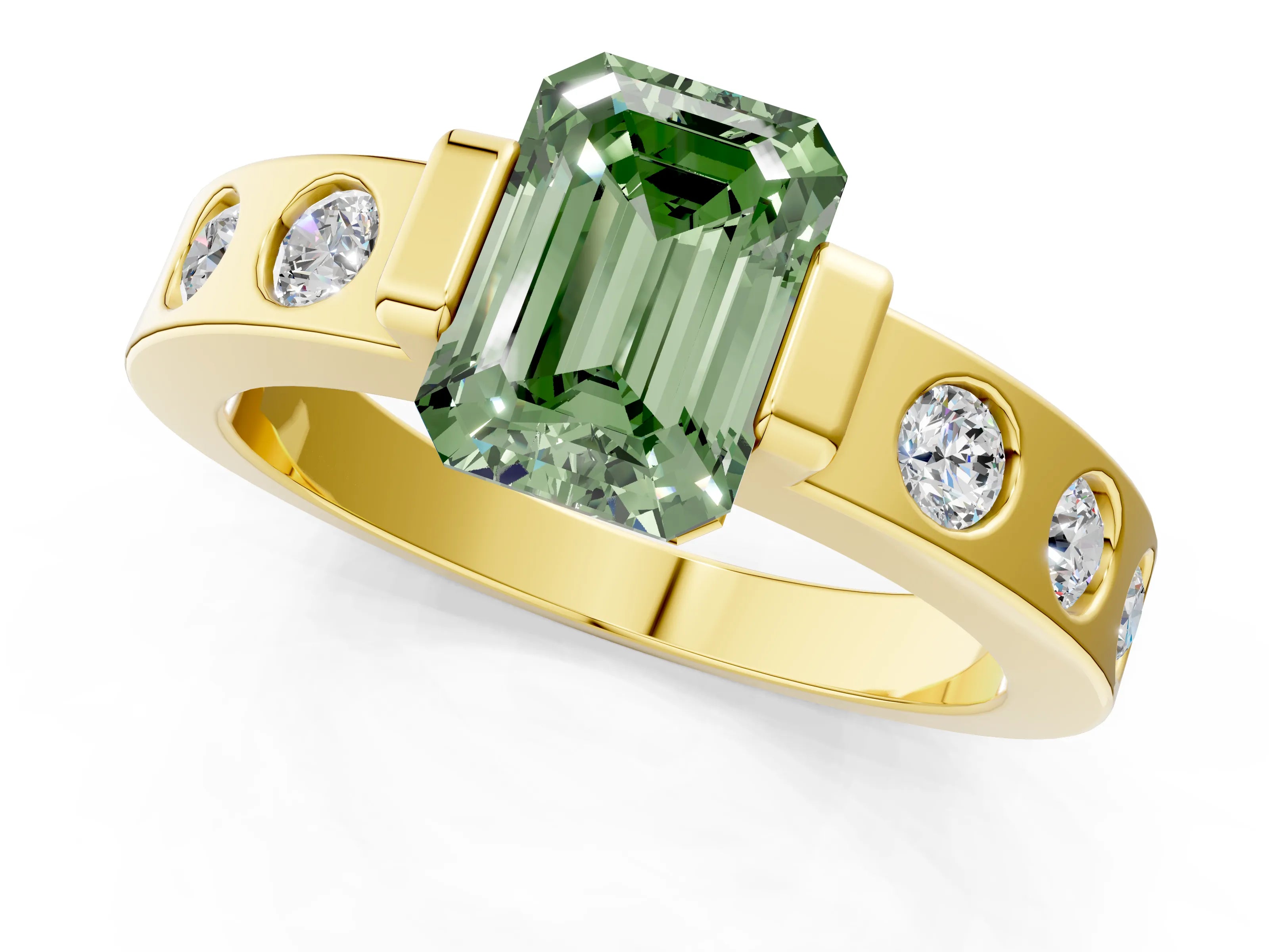 Yellow gold Fancy Green Emerald Cut Brilliant Channel-Set Diamond Ring with Bezel Prong Setting_1